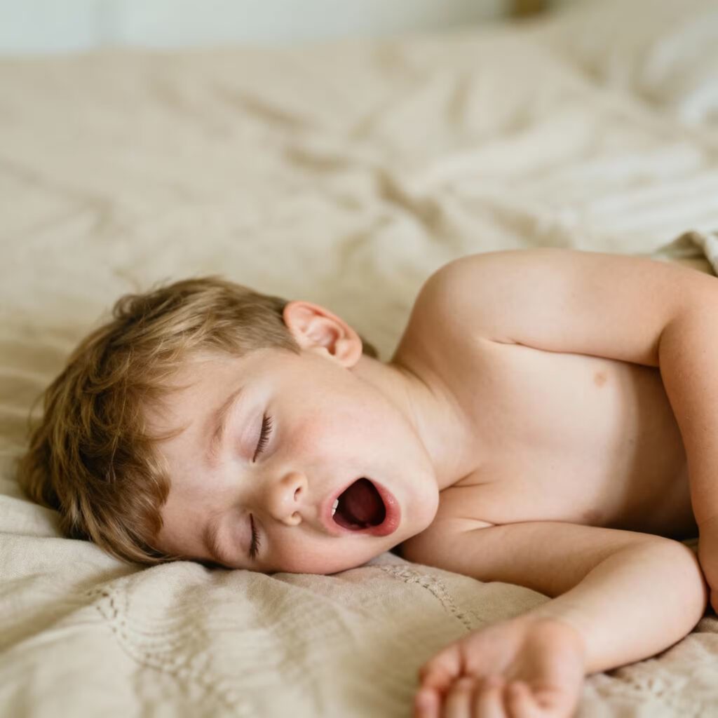 Criança com apneia do sono dormindo de boca aberta