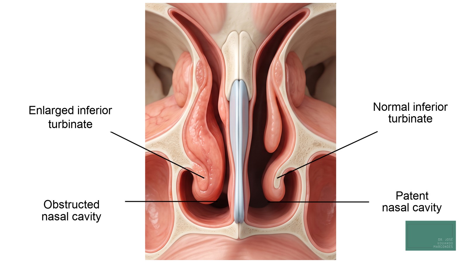 Cross-section of the nose showing the turbinates, target of laser turbinoplasty