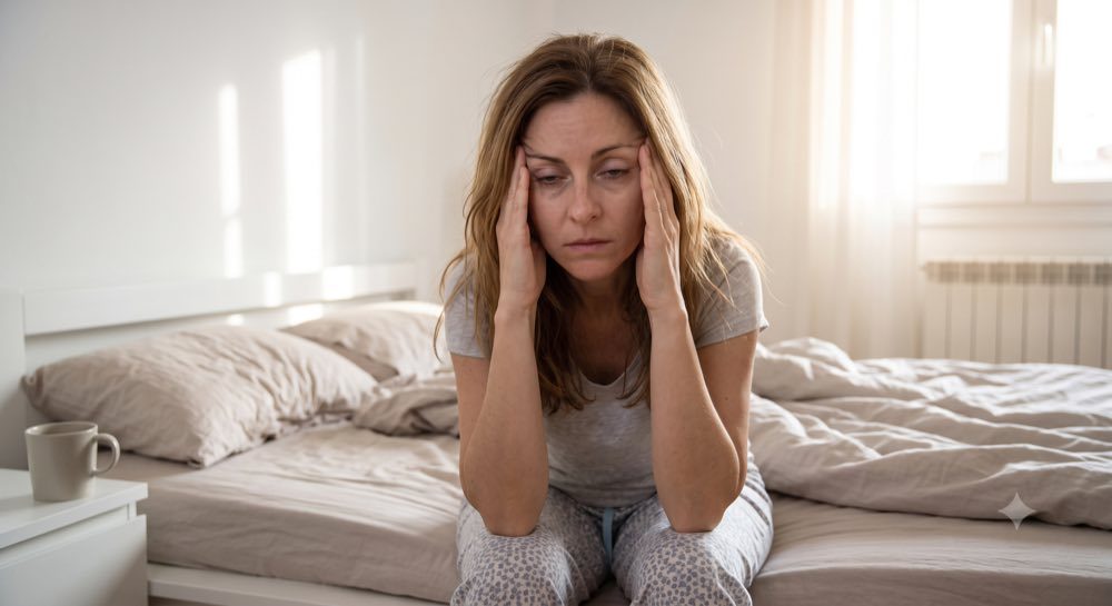 Mulher acordando cansada, com dor de cabeça, sinal de sono não reparador