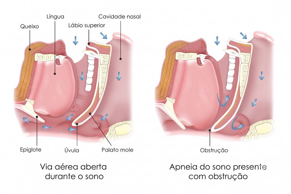 Ilustração comparando a via aérea aberta durante o sono e a via aérea obstruída na apneia
