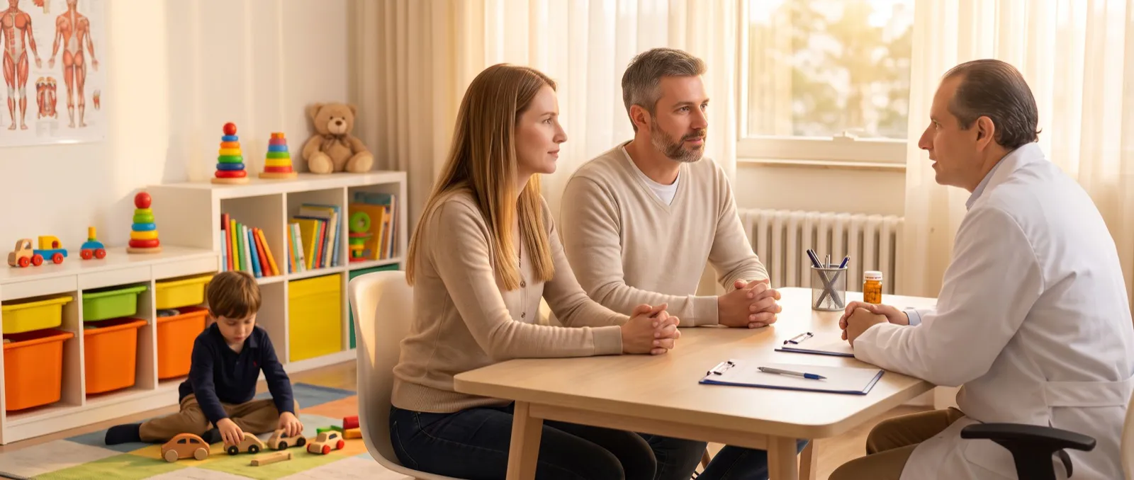 Parents at an appointment with an otolaryngologist to evaluate a child’s adenoid and tonsils