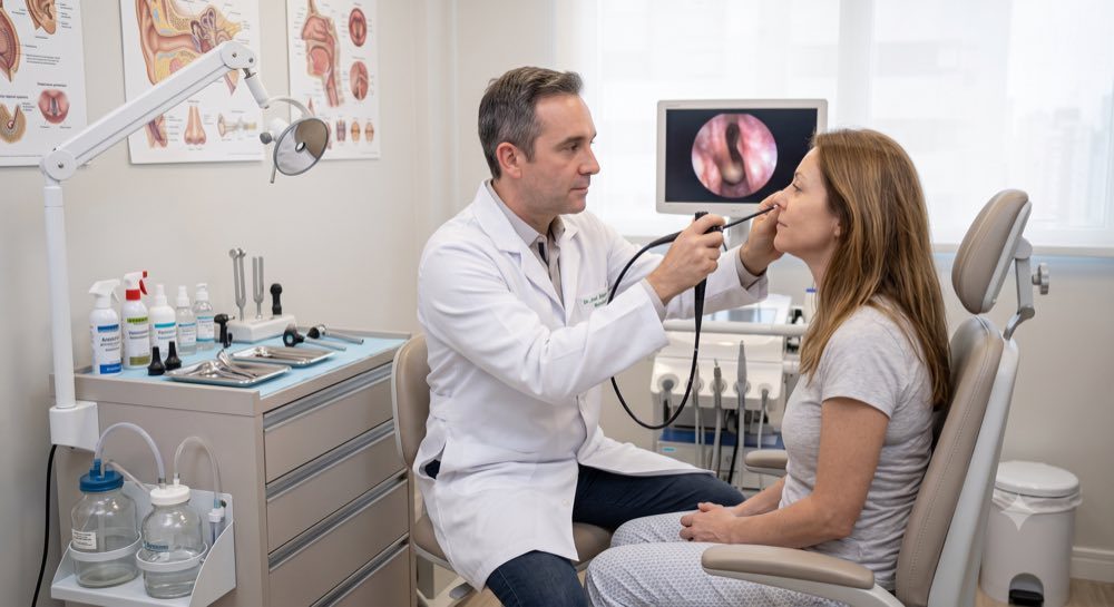 Otorrinolaringologista avaliando as vias aéreas com endoscopia nasal em consulta