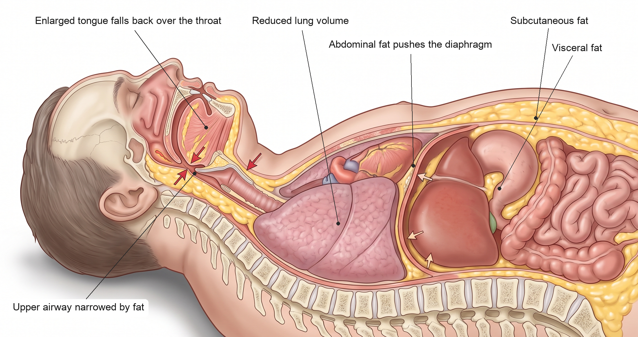 Cutaway illustration of an obese man lying down showing how fat in the neck, tongue and abdomen narrows the airway and compresses the lungs in sleep apnea