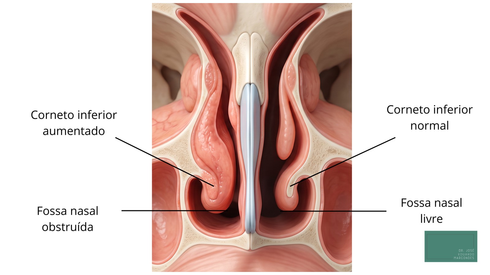 Cross-section of the nose showing the turbinates, target of laser turbinoplasty