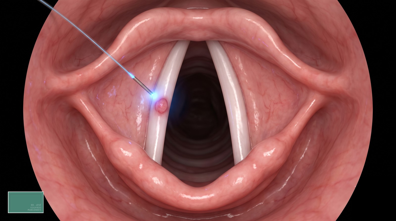 Endoscopic view of the larynx and vocal folds, target of the blue laser